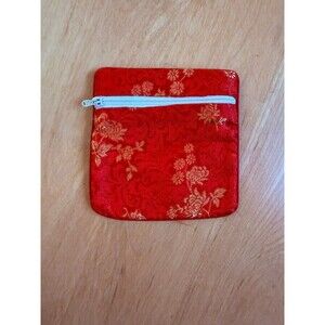 Red Traditional Chinese Silk Coin Pouch With Floral Embroidery and Zipper